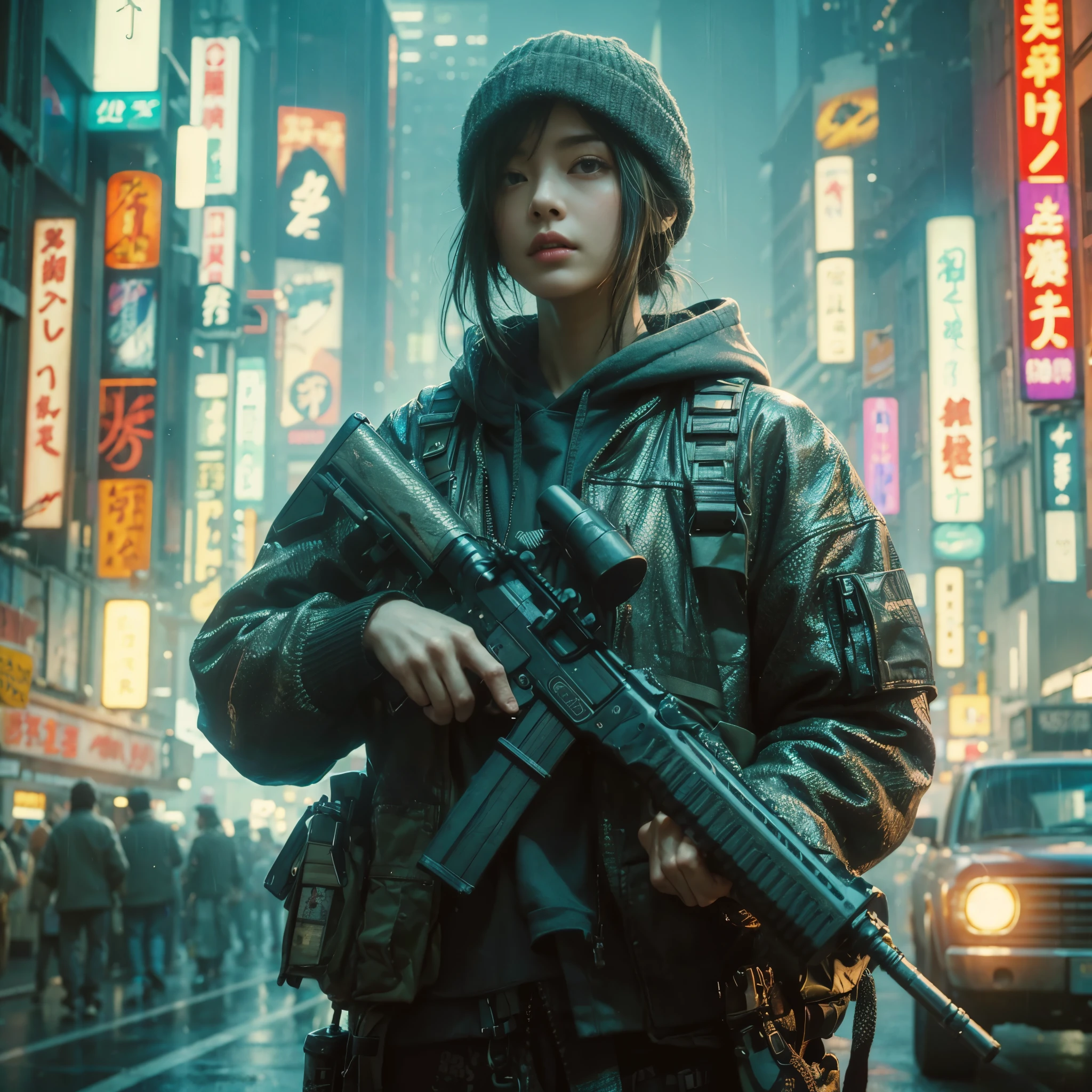 8k,Realistic Skin Texture、Realistic Photo、Neo Tokyo、Japanese women、Near future、AD2050、Dirty hunting jacket、Wearing multiple shirts and hoodies、Used automatic rifle、sneakers、Knit cap、、cold、Dynamic pose、Innovative composition、revenge、Near futureの街に不釣り合いな古びた1966年製フォード・ブロンコ、cyber punk、blade runner worldview、Large neon sign、Geisha hologram sign、Strong Wakamoto Sign