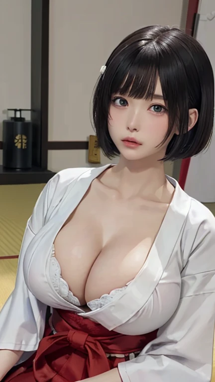 ((masterpiece)), ((highest quality)), (Very detailedな), ((Very detailed)), 4K, (8k), highest quality, (Black Hair),(Bobcut), (White shrine maiden outfit、Red Hakama:1.3),beautiful, ((beautiful eyes)), (Large Breasts:1.8), (Cleavage:1.6),Bad mood,(indoor、dojo:1.4)、(sit:1.4)、