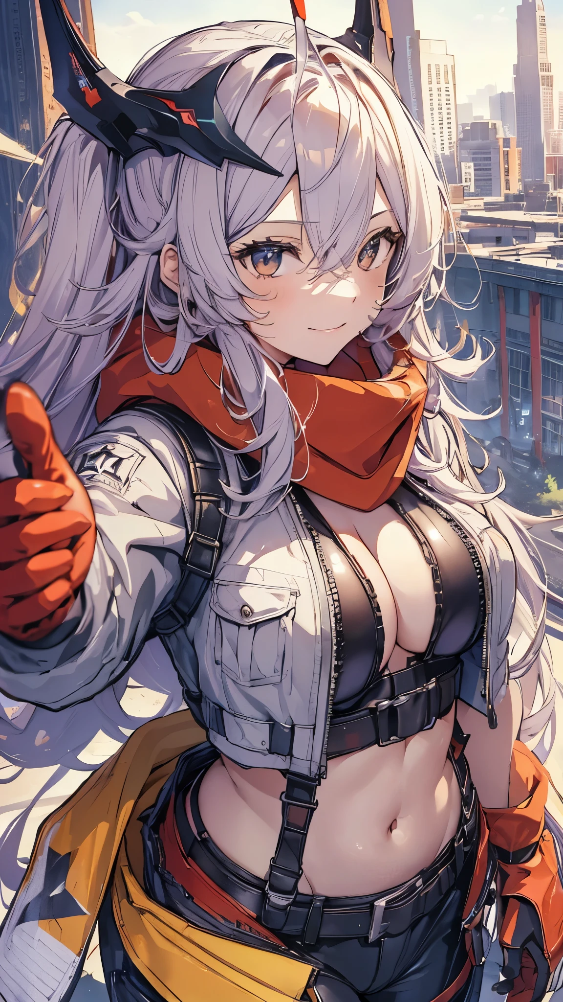 (From above:1.5),masterpiece, highest quality, 1 girl, alone,Nodding Hood, smile,horn, Cleavage, scarf, belly button, abdomen, Red Crop Jacket, belt, Black trousers, Thigh straps, Fingerless gloves, suspenders, motorcycle, Helmet, Excited, pointing, Race Track,highest quality,Best image quality,Perfect Anatomy,masterpiece,Ultra-detailed,beautiful,super high quality, highest quality,High resolution, Very detailed,Game CG,Dutch Angle ,beautiful細かい目,Visual Arts,Five Fingers, Perfect hands,