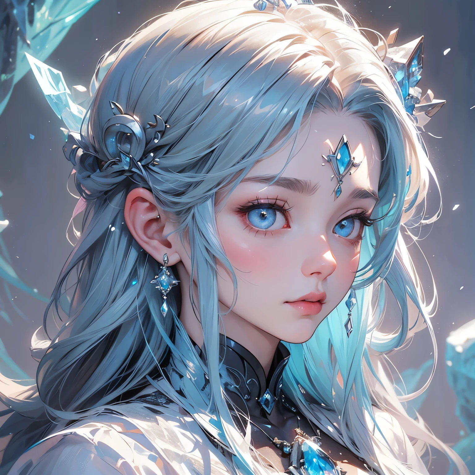 portrait of a goddess of ice, looking at viewer snow, frost, portrait, beautiful, crazy lighting, glow, detailed eyes, 1girl.profile portrait with crown，Wu Ya/WLOP and works by Bippel and Greg Rutkovsky, creature00d, (Amber theme:0.7)