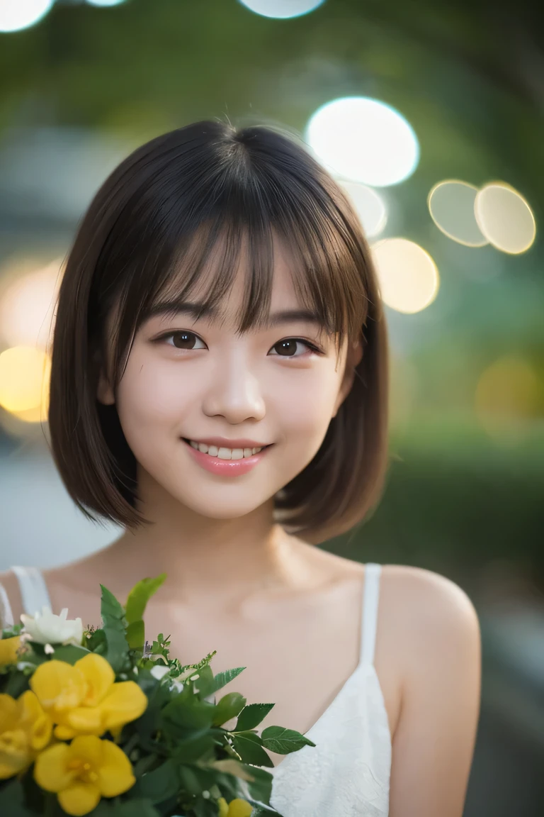 highest quality, 8K, 15 year old student, Ten generations, RAW photo, Completely ?????、absurd, award winning portrait, smile, smile, alone, night, neon, idol face, Biolace, gardenia, delicate girl, Upper body, Digital single-lens reflex camera, looking at the viewer, Frank, Sophisticated, zora々right, thin arms, professional lighting, film grain, chromatic aberration, (Eye and face details:1.0), (Bokeh:1.1)