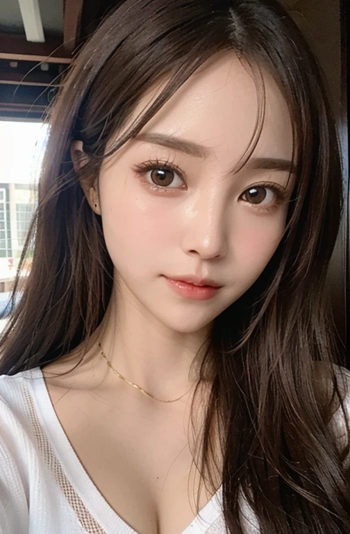 (wearing v-neck ) , (detailed face:1.2), detailed hand , high quality, super quality, (detailed face:1.2), beautiful woman , golden eyes, long hair , sharpe eyebrow , beautiful bangs are covering her eyes , (No nudity), crevasse, upper body
