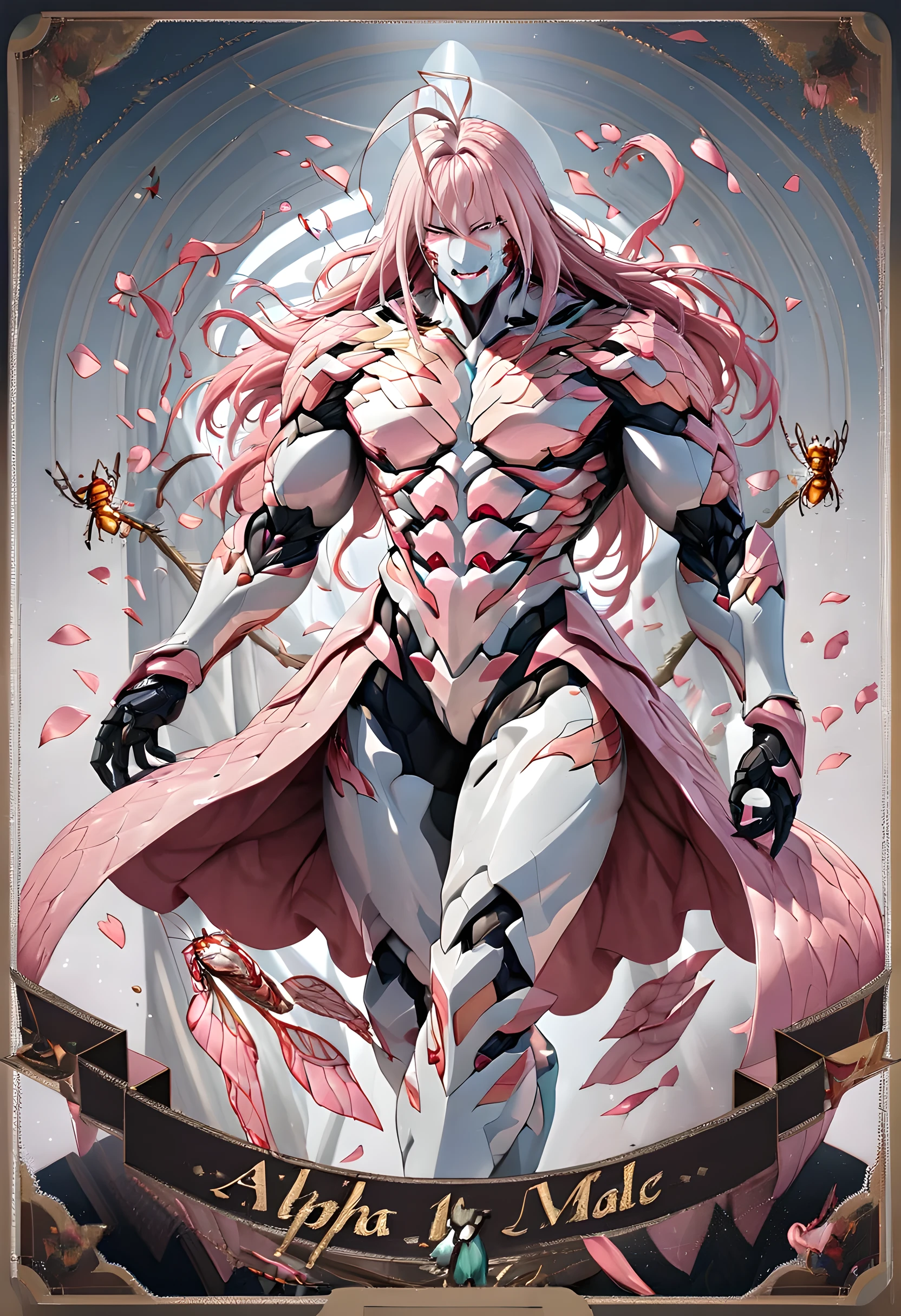 ((absurdres)) perfect whole body, ultra photorealistic, Top quality, Photorealistic, ((16k UHD)), High Definition, high res, ultra sharp, masterpiece, best quality, intricate details, detailed eyes, perfect face detailed face, masterpiece, highly detailed exquisite character art, perfectly detailed anatomy, detailed body, detailed pecs, (((natural light))), ultra-realistic, (((1male))) ((tall muscular man male humanoid)), bald, humanoid (((pink skin))), deity, god of insects, waist sash, (((humanoid pink skin tone)), (((alpha male))) pink hue, powerful humanoid appearance, pure white eyes, shiny metallic scales, scales. ((glossy metallic Armor)), intimidating face, strong jaw, high cheekbones, antenna, above the city, ((petal pink humanoid insect))
