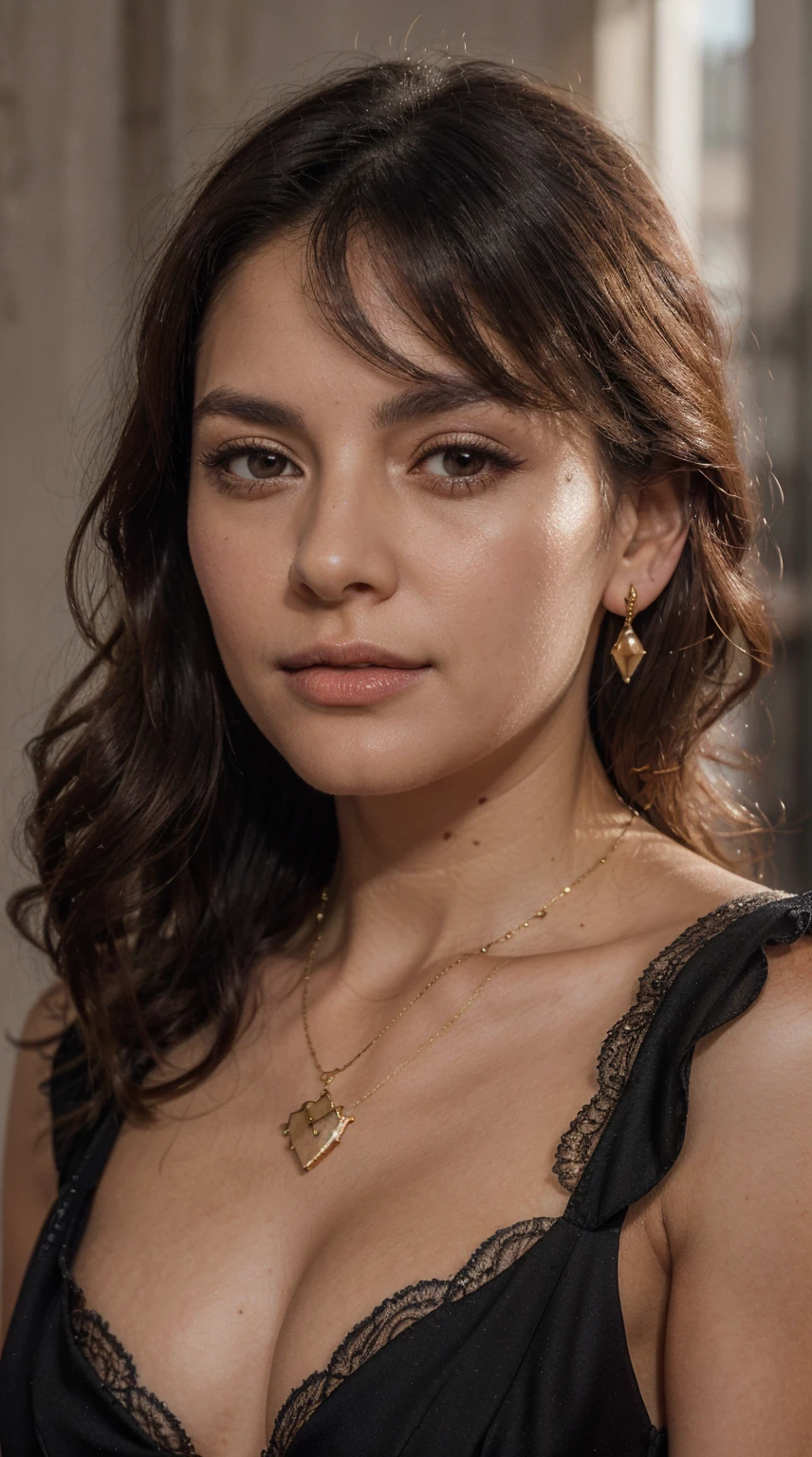(Extremely detailed CG unit 8k wallpaper, masterpiece, best quality, Super detailed), (Optimal lighting, The best shadow), 45-year-old Spanish woman, Mature, square face, Necklace with a red rose on the neck, Wearing a black lace dress with red, Gold earrings, like maria padilla (maria padilla) Such characteristics, (Very delicate skin: 1.2), Medium brown with light emitted