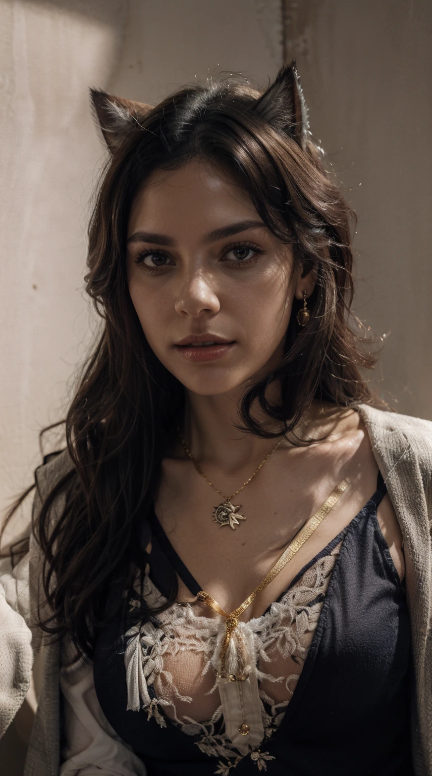 (Extremely detailed CG unit 8k wallpaper, masterpiece, best quality, Super detailed), (Optimal lighting, The best shadow), 45-year-old Spanish woman, Mature, square face, Necklace with a red rose on the neck, Wearing a black lace dress with red, Gold earrings, like maria padilla (maria padilla) Such characteristics, (Very delicate skin: 1.2), Medium brown with light emitted