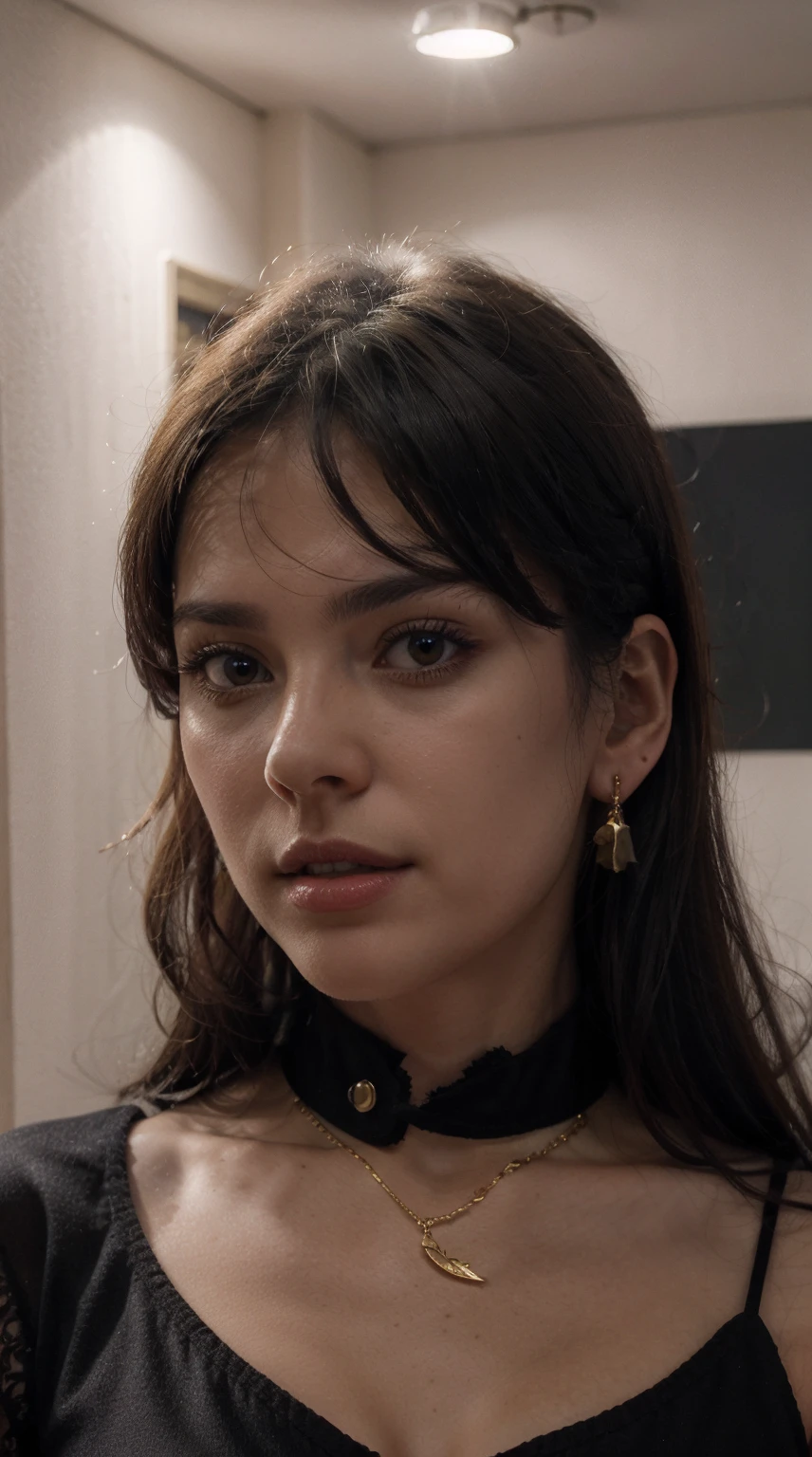 (Extremely detailed CG unit 8k wallpaper, masterpiece, best quality, Super detailed), (Optimal lighting, The best shadow), 45-year-old Spanish woman, Mature, square face, Necklace with a red rose on the neck, Wearing a black lace dress with red, Gold earrings, like maria padilla (maria padilla) Such characteristics, (Very delicate skin: 1.2), Medium brown with light emitted