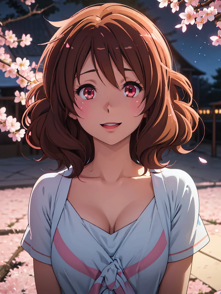 Face close-up、light blue Hair、short hair、girl１、smile、cherry blossoms、Light red eyes、Open your mouth、Pink Lips、Large Breasts、Cleavage、night、Starry Sky、Hide your arms behind your body、Glowing Hair、moonlight、(looking down:1.2)、inwardly curled hair、Kumiko Oumae