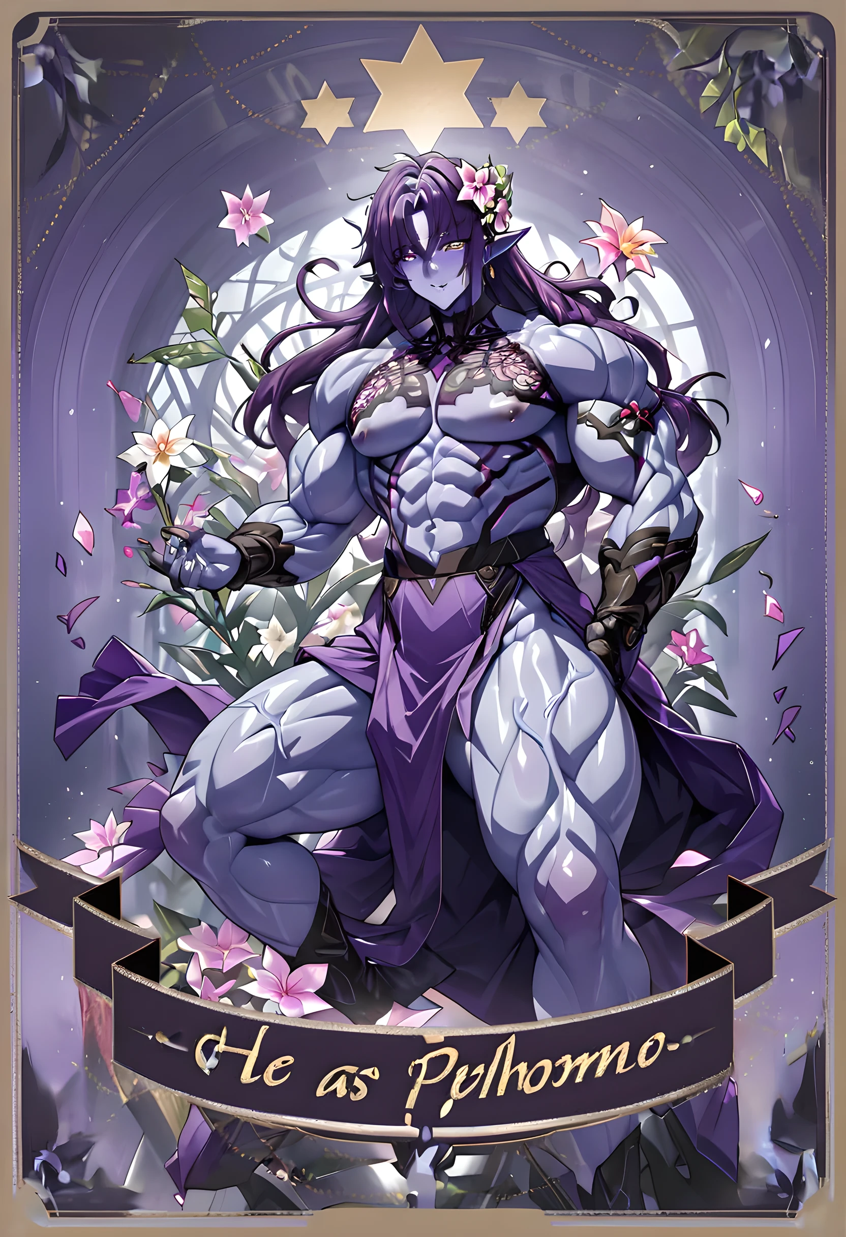 (((intricate design))) (((top quality))) (((16K))) (((high definition))) 16K splash art, dark shadows, (((photorealistic))) high-res, ultra sharp, ((masterpiece)), the best quality, expressive eyes, perfect face, (((sexy purple robes))) super eyes, perfectly detailed anatomy (((volumetric lighting))) (((cinematic lighting))) (((1Male))) (((bodybuilder))), (((hyper muscular))) (((hyper pecs))) (((little bulge))) (((broad shoulders))) (((purple male humanoid))), (((he has purple skin))) (((sunny))) humanoid flower, flower tattoos, flower garden, (((in a greenhouse))), Asian, monlid eyes, thighs (((Purple Skin!))), (((purple long hair!))) (((purple skin tone!))) (((purple skin complexion))) fruity, zesty personality, deity, elf ears, god of flowers, flower headdress, earrings, green glowing eyes, bloom, handsome humanoid male, spreading his pheromones, flower clothing, plants, pot plants, blooming, oily skin, shiny skin, veins, wisdom, spiritual,