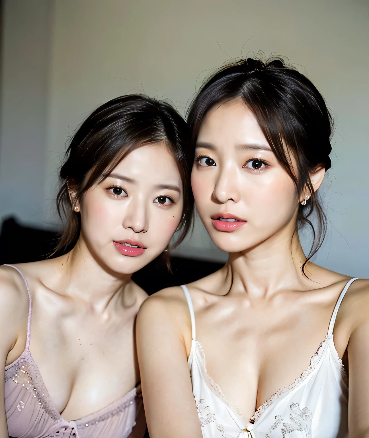 (Floral, Tight nightgown, Look forward, Show beautiful thighs:1.5),
((I want to kiss you?, I want to cheat with you?:1.2)),
((Will you come near me and give me a kiss??, Can you have sex with me??, Can you touch my breasts??:1.4)),
((Sexy atmosphere, hold out your lips, Disheveled Hair, A sigh escapes)),
((Luxury Love Hotel, Two women in bed together making love, Complete darkness, lamp, Underwear strings come undone, Start taking off your clothes:1.4)),
((32 years old, Two sexy and beautiful female announcers:1.5)),
((Earrings that match your outfit, Silver Necklace:1.2)),
((Tilt your face slightly)),
((Squint your eyes)),
((purse your lips:1.2)),
((Blushing:1.2)),
((Small breasts,Flat Chest:1.2)),
Narrow shoulders, the lines of the body are thin, Thin waist, Long, slender legs,
Ultra-detailed skin, Glossy Skin, White skin, Ultra detailed face, Ultra detailed breasts,
Ultra-detailed eyes, Slit eyes, Brown eyes, double eyelid, Beautiful thin eyebrows, Thin, long eyelashes,
Ultra-detailed lips, Fuller lips, Glossy pink lips, Flushed Cheeks, White teeth,
Beautiful actress's languid make-up, Pink lipstick, Smoky eyeshadow, Eye foundation,
Dark Brown Hair, Delicate and soft hair, Hair blowing in the wind,
(Elegantly putting your hair up, short hair, ponytail:1.2),