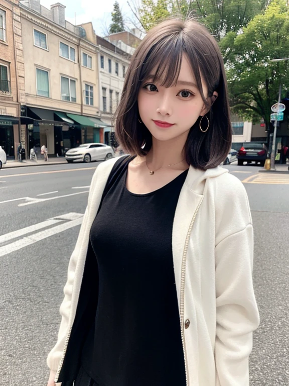 masterpiece, highest quality, High resolution,alone,Dark hair color, Small earrings,short hair, outside,Artistic,morning,Best lighting,sun,casual,Flat Chest,Beautiful Face,expensive,Woman wearing a jacket,smile,light makeup,natural,office Street,26 years old,Calm woman,Floating Hair,Blur background,Woman in running clothes