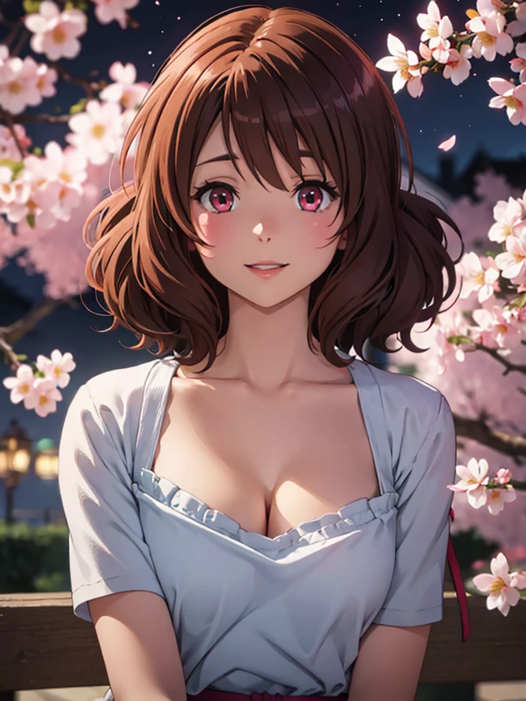 Face close-up、light blue Hair、short hair、girl１、smile、cherry blossoms、Light red eyes、Open your mouth、Pink Lips、Large Breasts、Cleavage、night、Starry Sky、Hide your arms behind your body、Glowing Hair、moonlight、(looking down:1.2)、inwardly curled hair、Kumiko Oumae