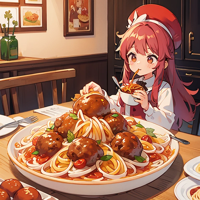 Girls eating spaghetti with meatballs from a large plate