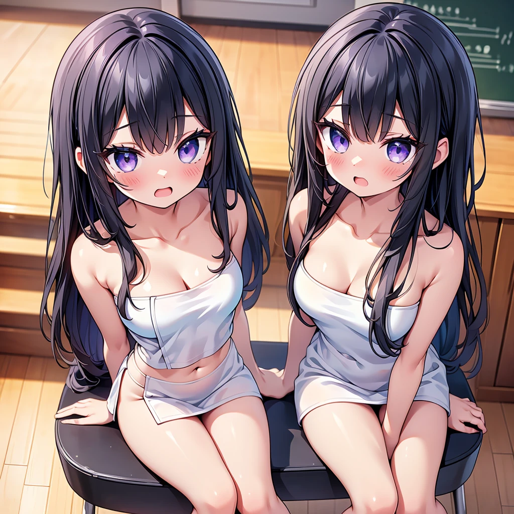 (cute eyes:1.2), (sparkling eyes:1.2), (8K、Best image quality、highest quality、masterpiece)、Detailed face、(2 girls)、Improve、(Black Hair, Purple Eyes, long hair)、(open mouth), (embarrassed), (skinny body:1.3),(small breasts), (Naked Towel:1.3), (cleavage), (crop top navel),Sit on a chair, Classroom Background, (Waistline:1.1),(close-up shot of bust), (from above:1.2)
