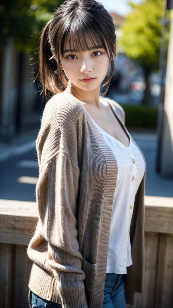 masterpiece, Best Quality, 8K, 20 yo, huge breasts, cuddly, Solo, sad, Cute, Girly, Delicate girl, Neat and clean beauty, Raw photo, Professional Photography, Portrait, Soft light, Professional Lighting, Back lighting, Upper body, from front, Sophisticated, Film grain, (Eyes and faces with detailed:1.0), short length floating hair, beautiful flowing hair, bangs, ponytail, cardigan