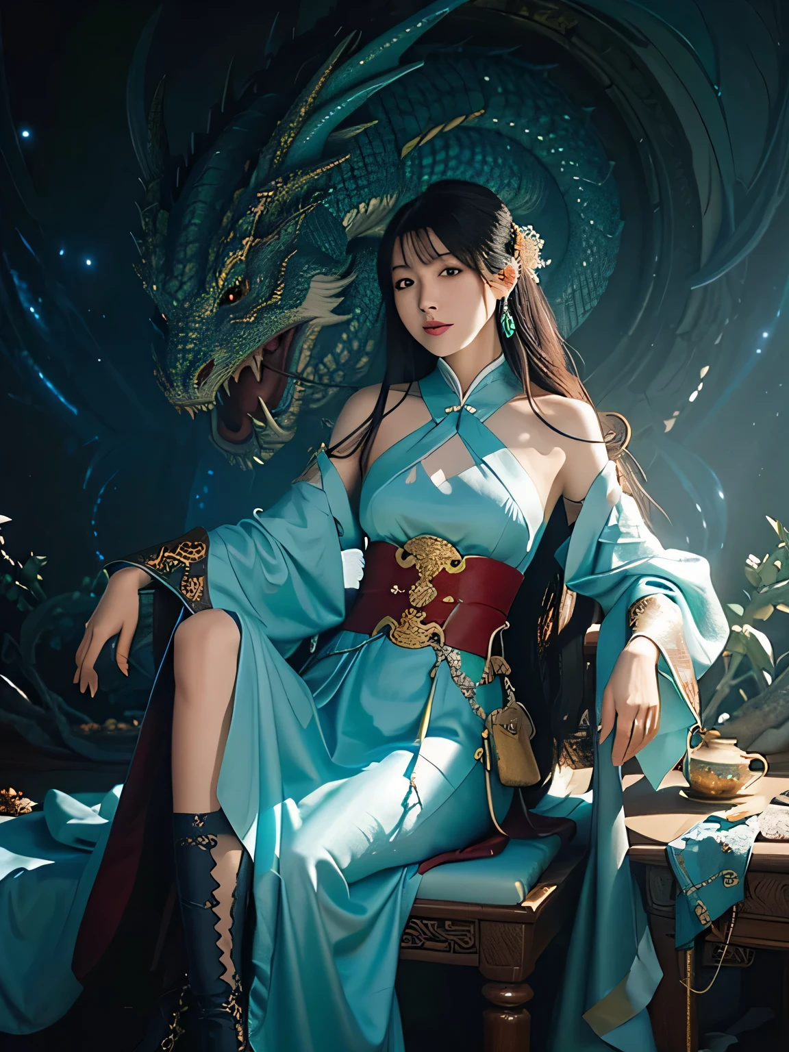 Close up portrait of woman sitting on chair with dragon, a beautiful fantasy empress, very detailed Artgerm, by Yang J, chinese fantasy, artgerm and ruan jia, ruan jia and artgerm, anime fantasy artwork, inspired by Pu Hua, anime fantasy illustration, goddess of Japan, anime goddess, ArtGerm. Anime Illustration