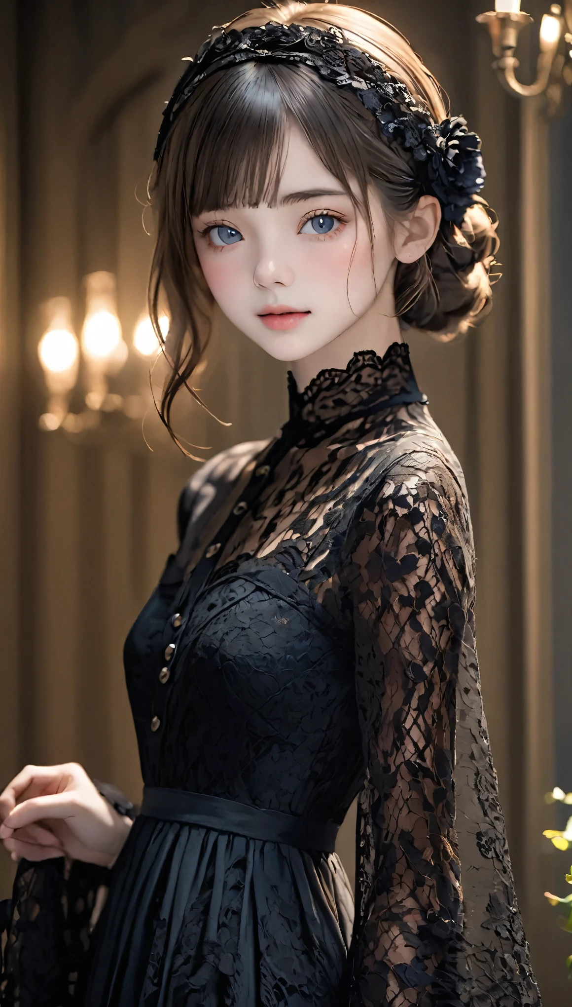 Digital Portrait、Realistic depiction of the human body、RAW Photos、One Girl、Gentle grey eyes、Fuller Farm、Small breasts、Shortcuts、(((Elegant black lace style dress、A black line dress made of intricate and artistic lace、Pretty dress、Super Luxury Dresses)))、highest quality、Super Resolution、masterpiece:1.5、Medium depth of field、50mmlens、Cinema Lighting、Backlight、Professional Photographer、