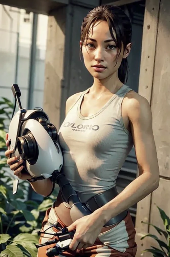 p2chell, 1girl, solo, upper body, close up, outdoors at overgrown test chamber,  holding a portal gun, 