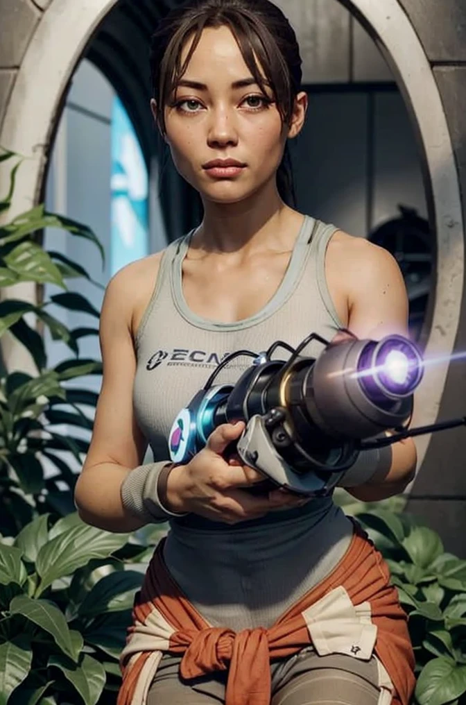 p2chell, 1girl, solo, upper body, close up, outdoors at overgrown test chamber,  holding a portal gun, 