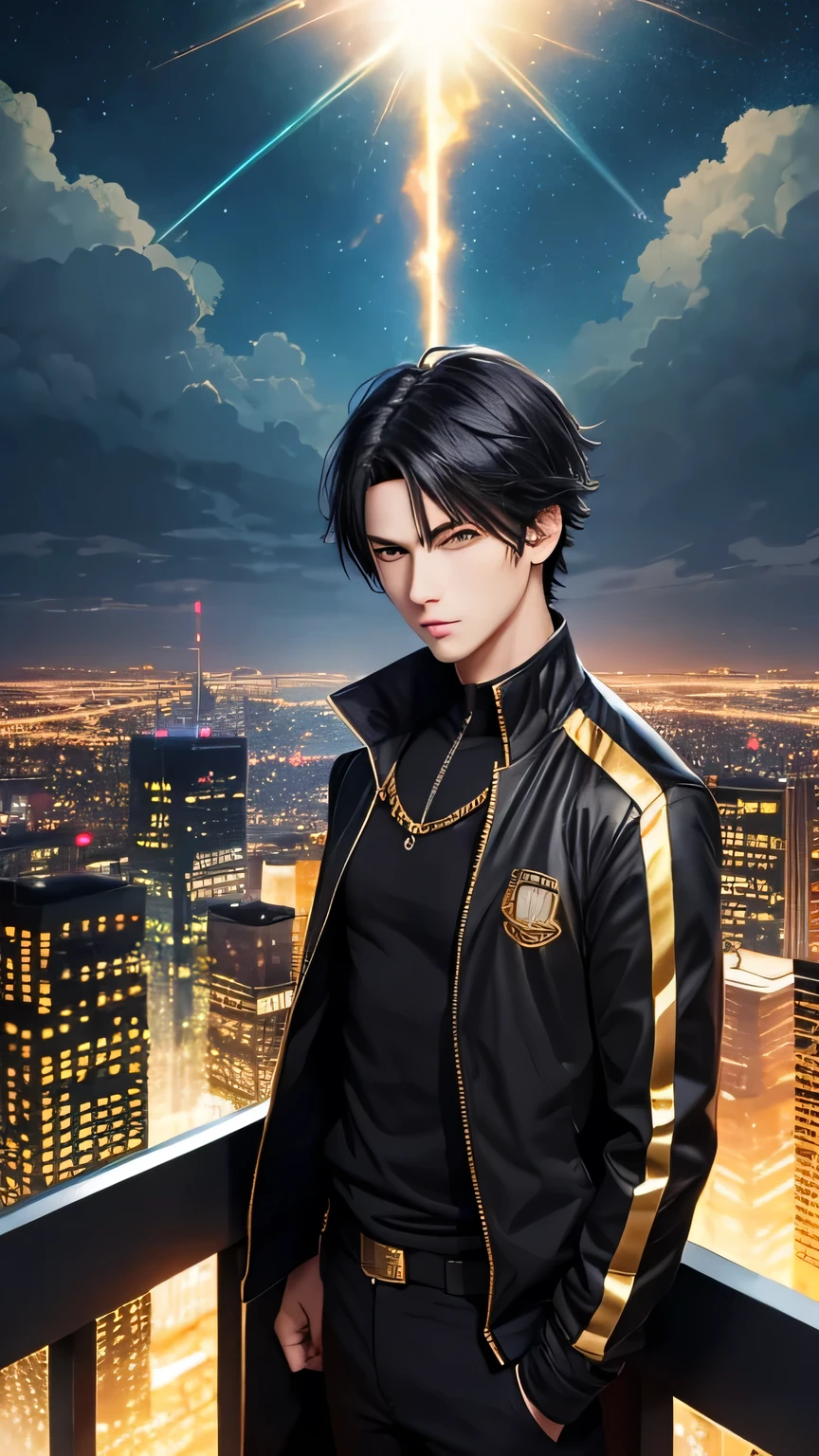 (high quality), anime, 9:16, action, Epic Composition, boy, black haired, golden eyes, golden aura, black jacket, striped jacket, ultra detail, city skyline