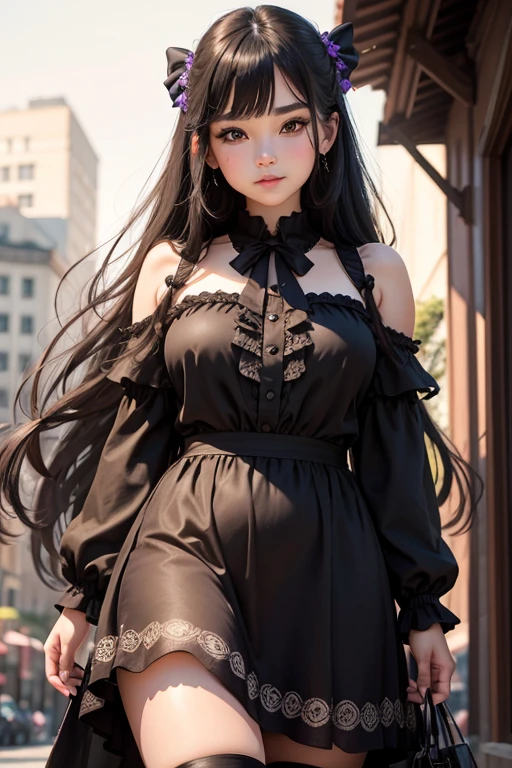 Masterpiece high quality high details realistic face ultra realistic face chubby face girl with slender fit figure and  dark black long hair and hair woven with bow wearing lavander dress