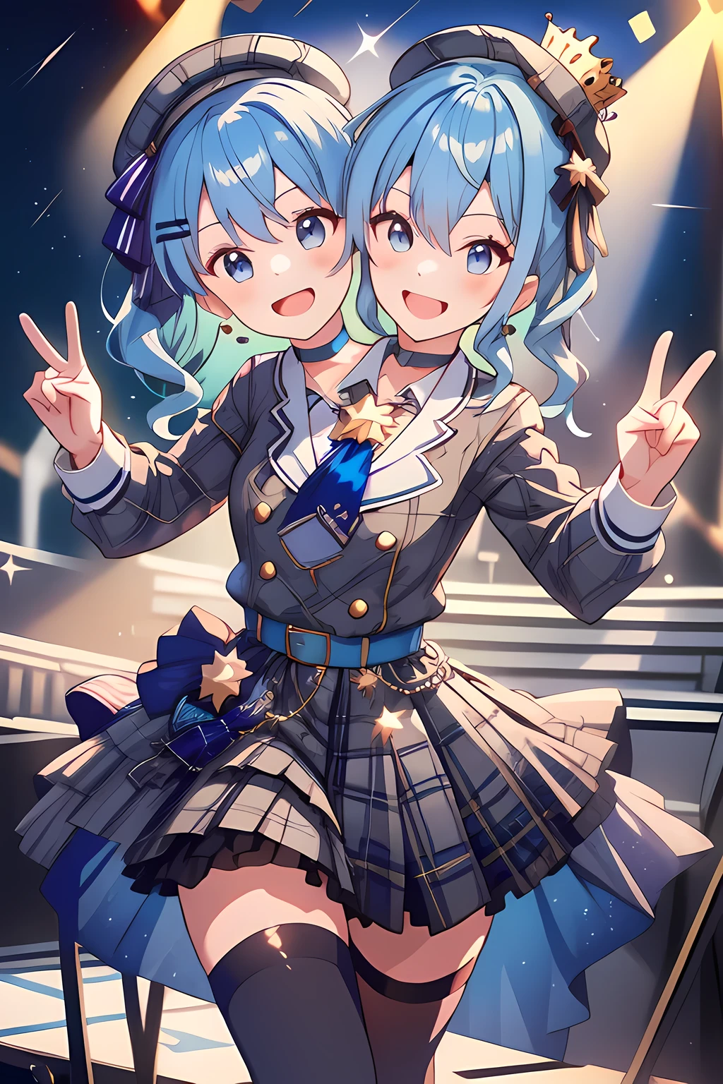 (masterpiece, best quality), best resolution, 16k, (2heads:1.5), close-up, 1girl, solo, HoshimachiSuisei, side ponytail, blue hair ribbon, SuiseiBase, plaid beret, crown, blue star choker, star earrings, blue ascot, plaid jacket, plaid skirt, layered skirt, partially fingerless gloves, star bracelet, uneven legwear, thigh strap, standing, ((cheek to cheek)), (raise arms, two hands make peace sign, hands near cheek), smile, teeth, dacing, jumping, (look at each other), exciting, concert stage, starfield, spotlight