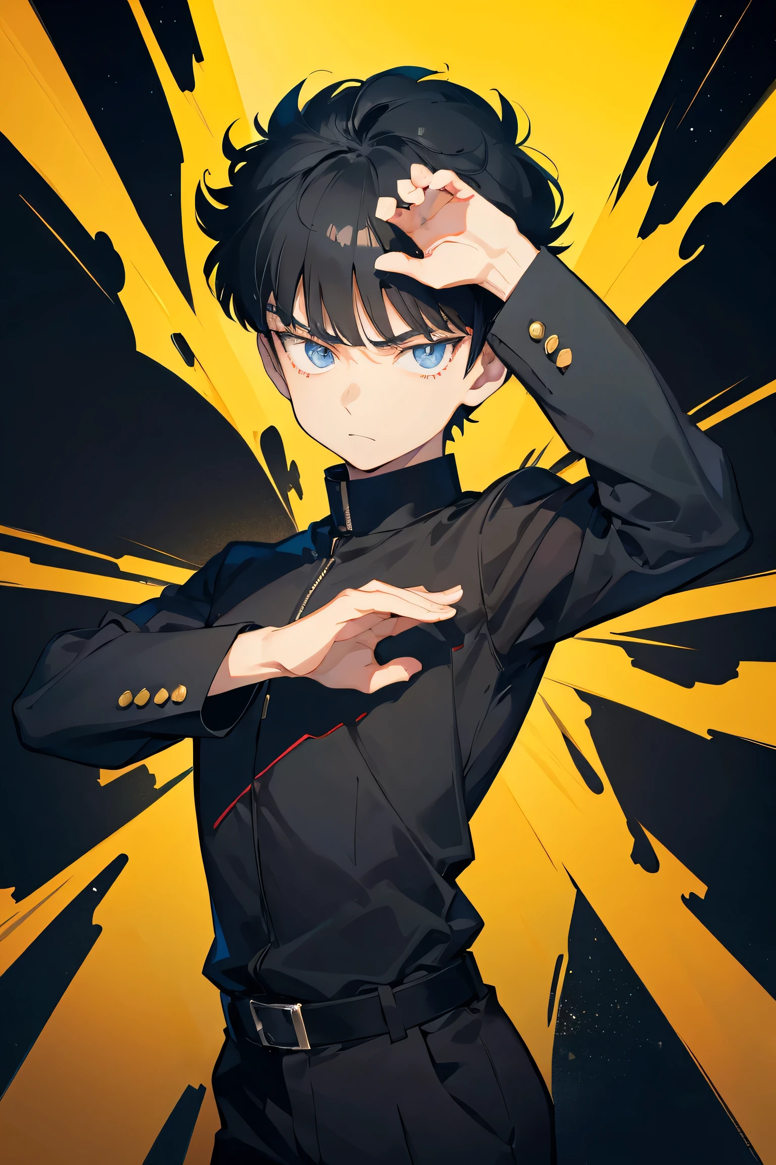 Shigeo Kageyama, anime, man, masculine boy, black uniform, black hair, short hair, flat bangs, Mob Psycho 100, dynamic pose