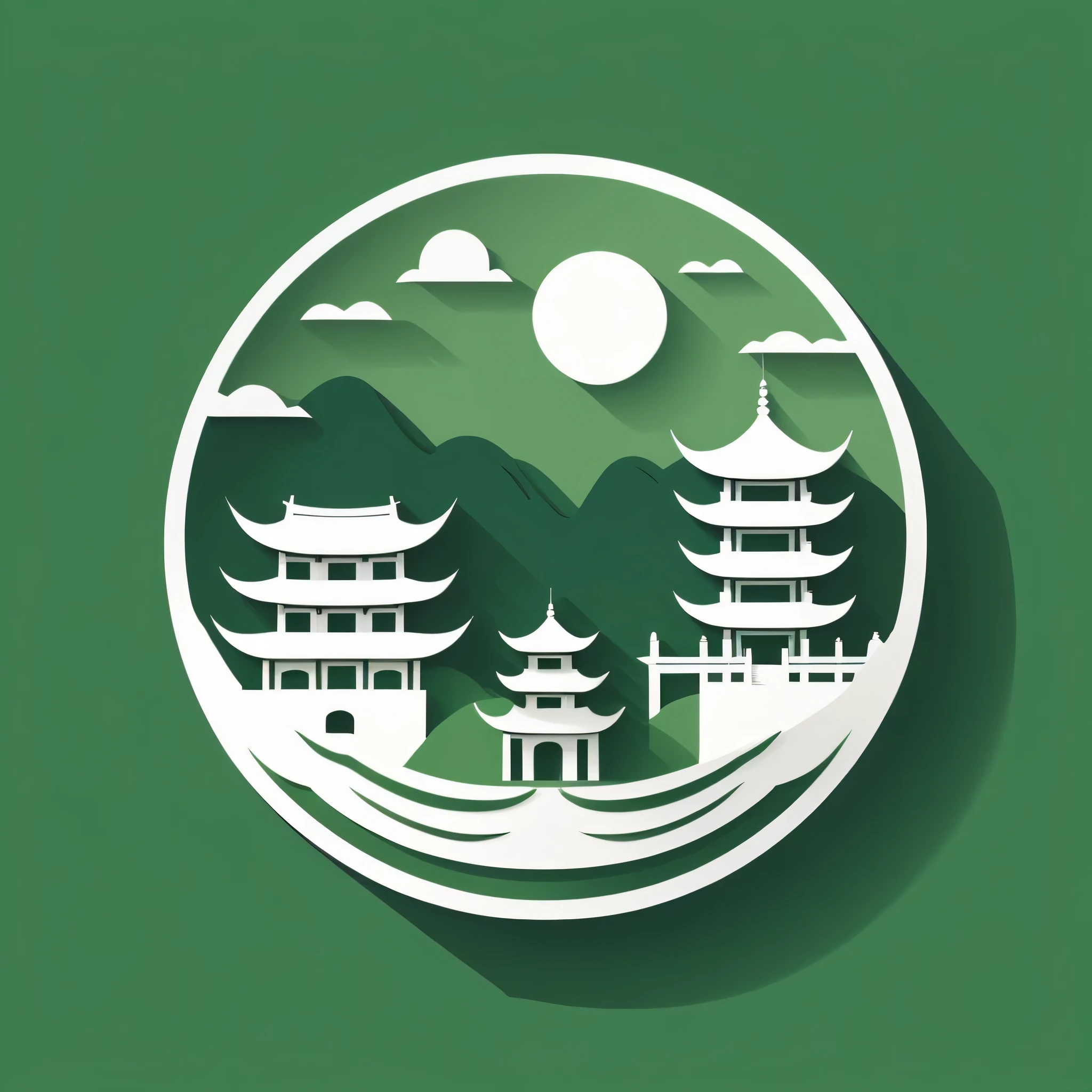 A stylized image,,Green as background,The word "Suzhou" is placed in the center in white simplified calligraphy style,The Minimalists,The left side shows a simplified modern building outline,Outline with white lines,The Minimalists,flat design
