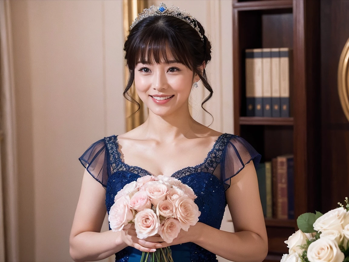 Medium Size Display, Medium Shot, Written boundary depth, bust, Upper Body, Movie angle, masterpiece, highest quality, Very detailed, CG, 8k wallpaper, Beautiful Face, Delicate eyes, Otome, alone, smile, bangs, have,Royal Blue Dress, bow, petal, Bouquet of roses