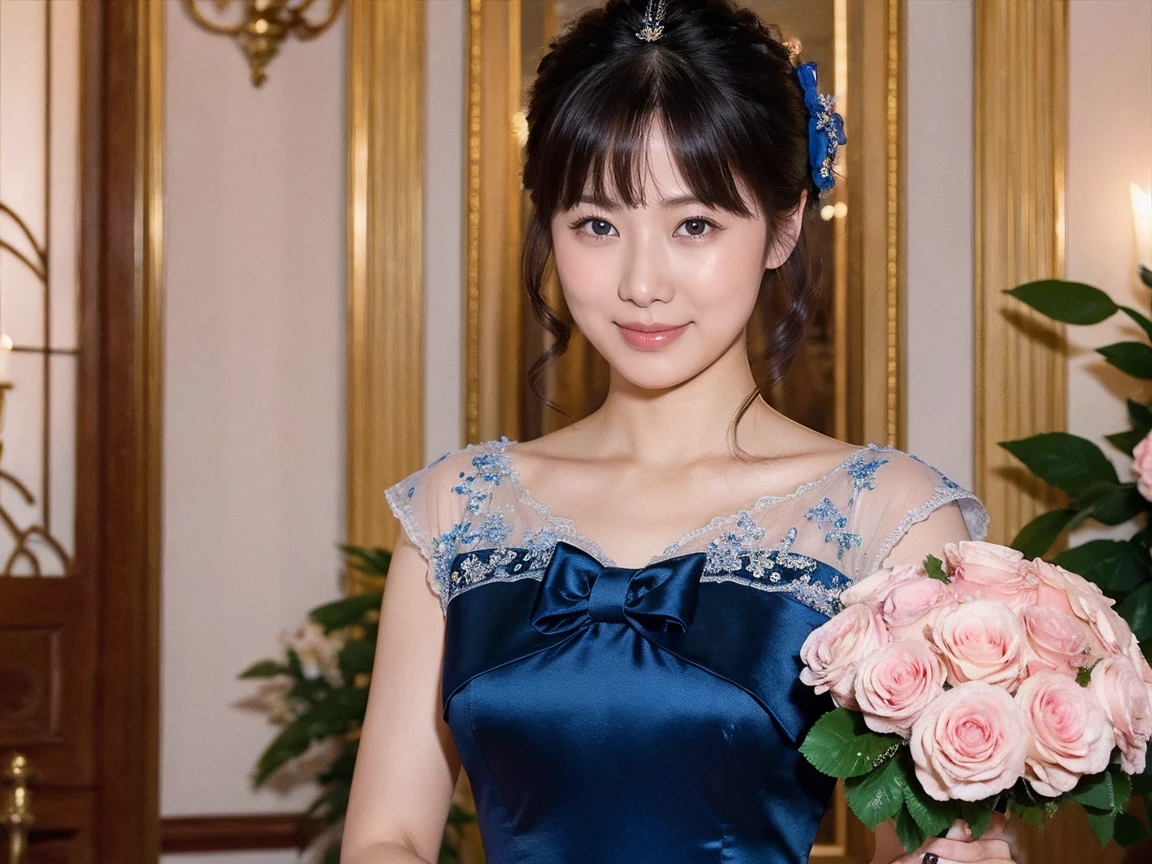 Medium Size Display, Medium Shot, Written boundary depth, bust, Upper Body, Movie angle, masterpiece, highest quality, Very detailed, CG, 8k wallpaper, Beautiful Face, Delicate eyes, Otome, alone, smile, bangs, have,Royal Blue Dress, bow, petal, Bouquet of roses