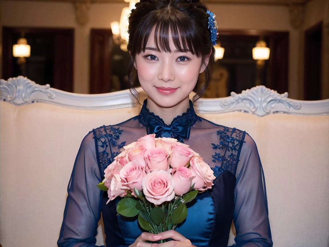 Medium Size Display, Medium Shot, Written boundary depth, bust, Upper Body, Movie angle, masterpiece, highest quality, Very detailed, CG, 8k wallpaper, Beautiful Face, Delicate eyes, Otome, alone, smile, bangs, have,Royal Blue Dress, bow, petal, Bouquet of roses