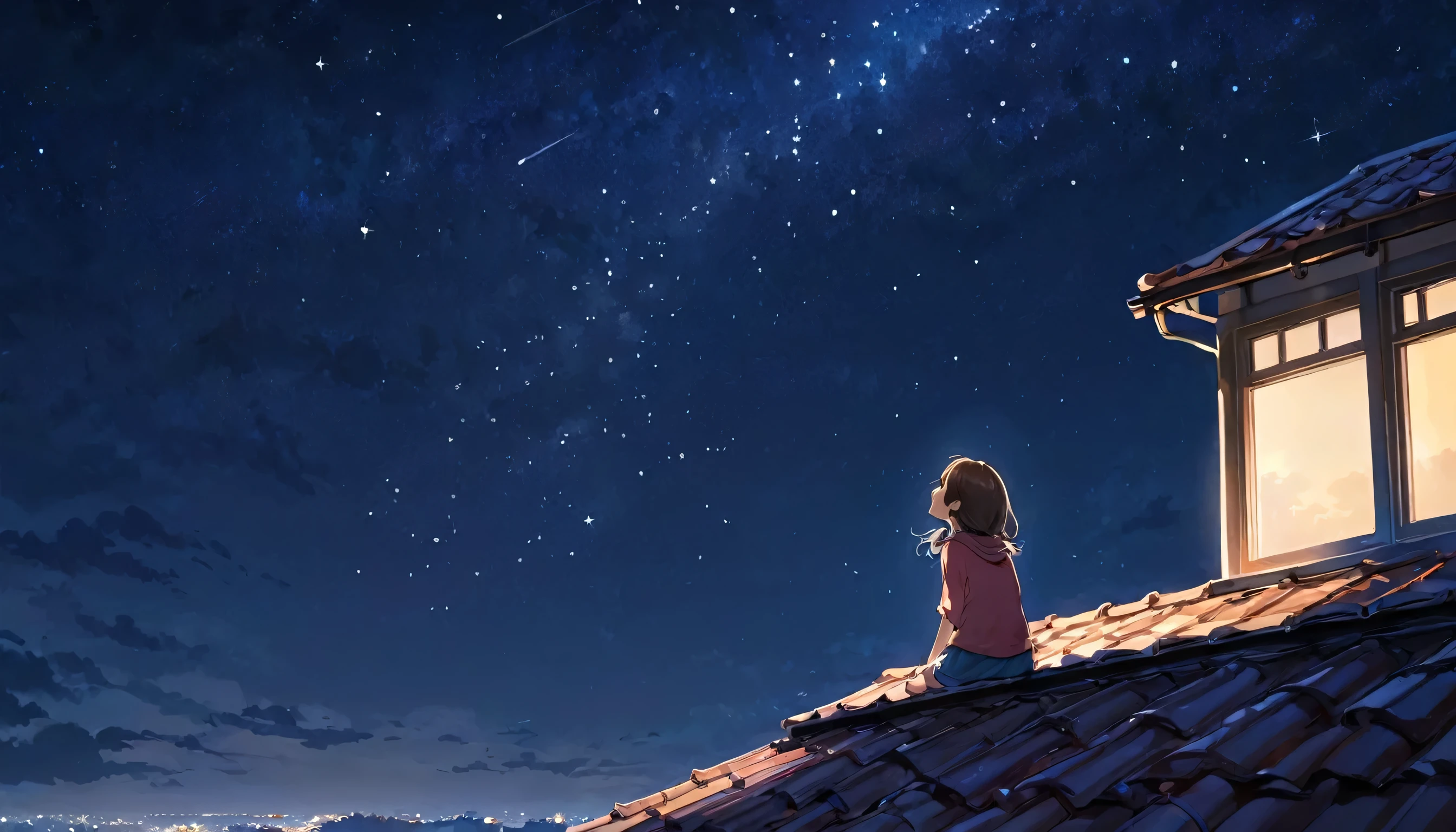 Under the stars、Girl sitting on the roof and looking up at the sky, profile
