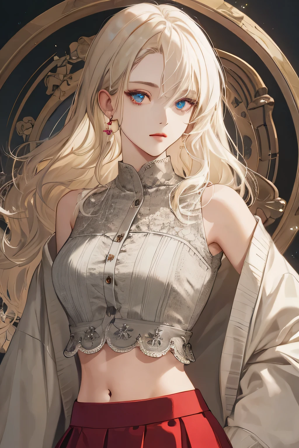 (extreamly delicate and beautiful:1.2), 8K,(masterpiece:1.0),(best_quality:1.0), 1 girl, and intricate detailing, Enlarged textures, and intricate detailing, finely eye and detailed face, and intricate detailing, shiraga, platinum blonde curls long hair, (closed mouths), Perfect eyes, Equal eyes, carolina eyes (A famale god) with red maroon crop top modern, cardigan modern with red short skirt, carolina eyes perfect