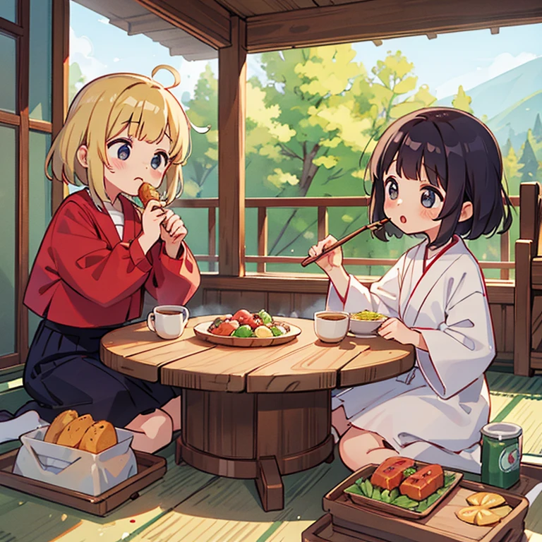 Girls eating Wankosoba in Iwate
