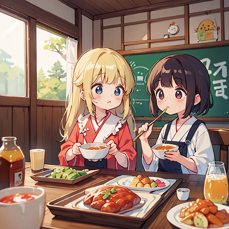 Girls eating Wankosoba in Iwate