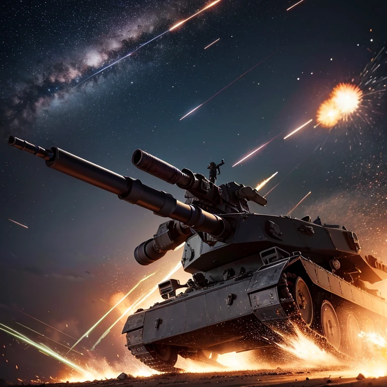 war、Midnight、Artillery fire、Artillery fire、Anti-aircraft combat、A flash of light shining in the darkness、No people in the picture、barrage、Firepower、A lot of shells like a meteor shower、圧倒的Firepowerのbarrage、Heavy machine gun silhouette、Anti-aircraft armored vehicle