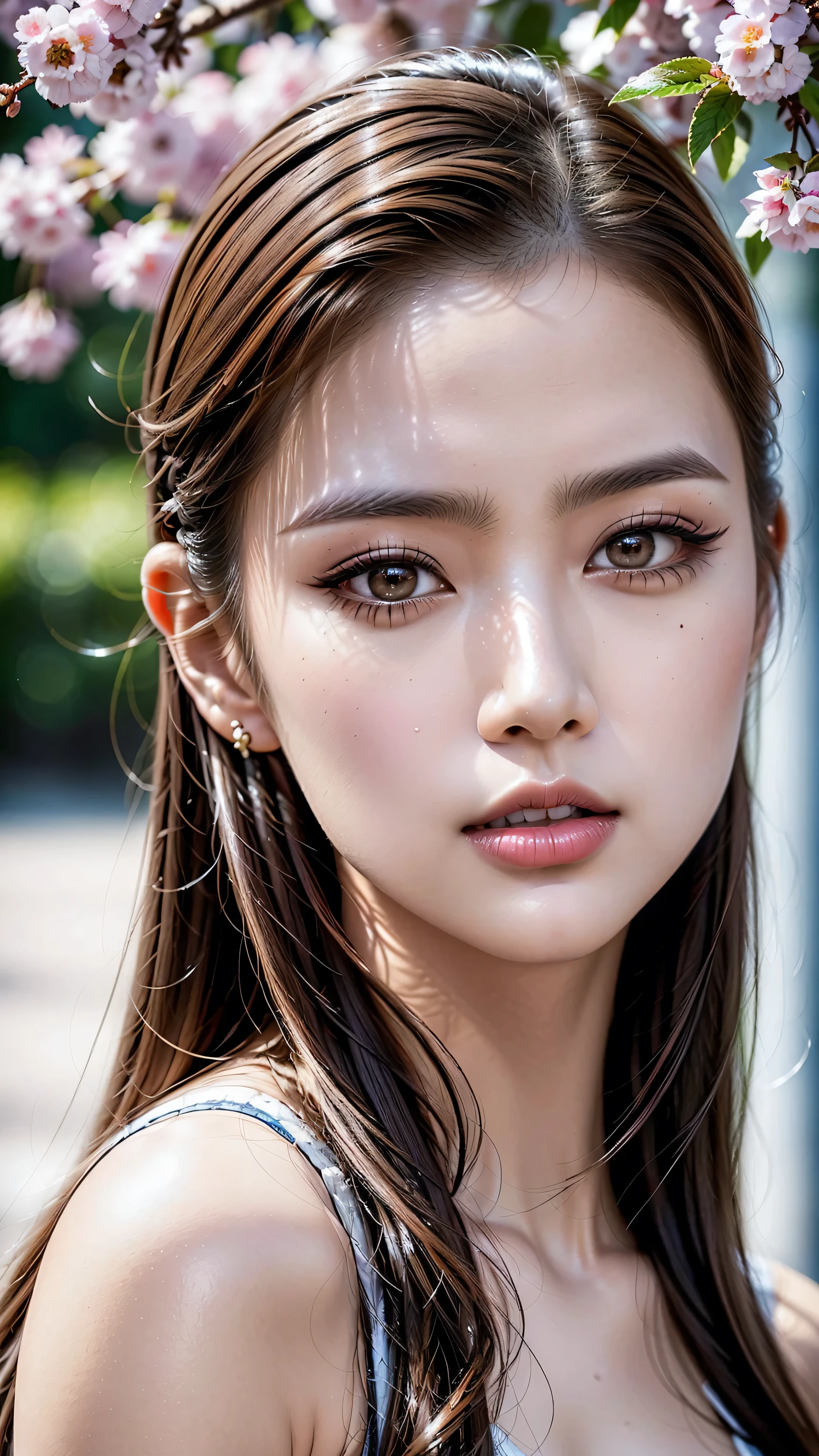 (1girl:1.35, 20-year-old), Realism, highest resolution, photorealistic, (highest quality realistic texture skin), ((highest quality realistic texture brown hair, ((slicked to the side)), incredibly intricate detail:1.35)), (outside,an orchard of blooming cherry trees:1.3),((perfect proportions)), ((anatomically correct), very small round head:1.4), ((firm and full breasts:1.3)),(the most absurd quality perfect eyes), ((beautiful sharp-face), extremely detail:1.3), (light pale complexion), ((clear no blur and sharp perfect round realistic brown_eyes:1.35), super detail:1.4), finely detailed pupils, detail lips:1.3, (long_blue_eyeliner:1.35), (pink_lipstick:1.4), ((perfect lightning_eyeshadows:1.25)), (Detailed nose:1.2), (Upper body shot), ((highly elaborate extravagant microscopic street outfit:1.15)), close up of her face, exquisite balance of shadows,perfect composition, ((look at the viewer)), Hasselblad, 85mm f/4.0