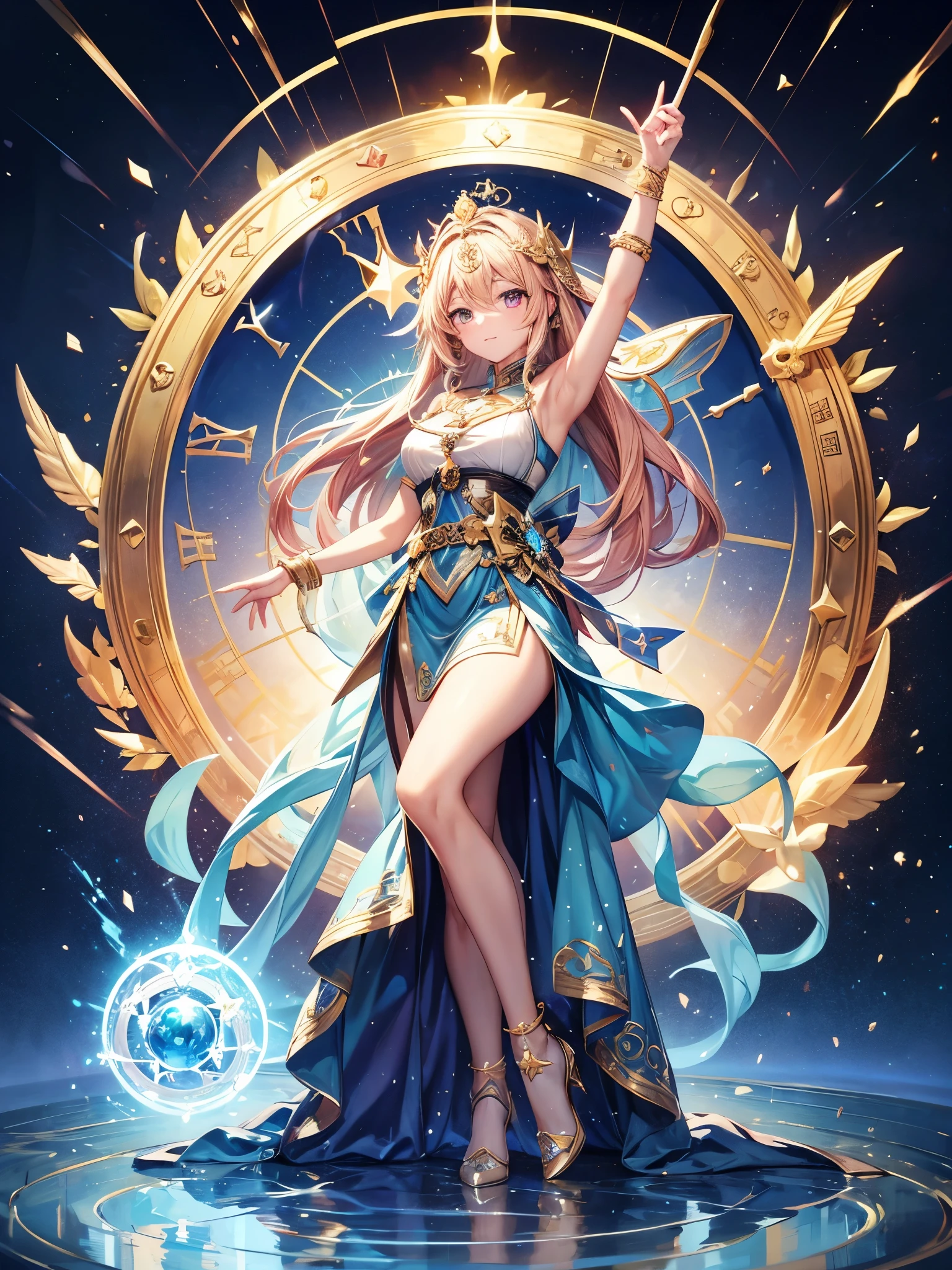 masterpiece, best quality, Ultra Detailed, fair, 1 woman, Spokesperson goddess, time之神, Chronos, eternity, mystery, ancient times, time, magic, Holy Light, star系, star塵, Face yarn, magic陣, long skirt, star