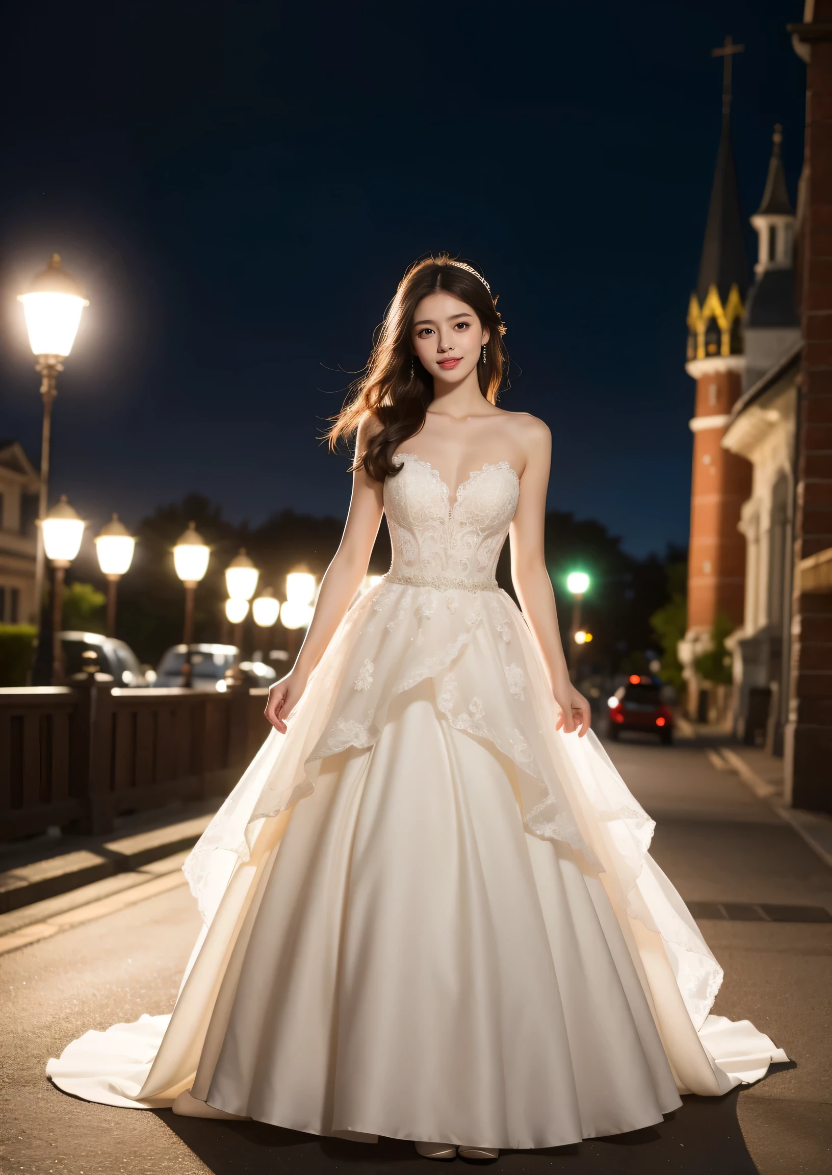 Beautiful 20 year old woman。She is wearing a wedding dress. She is smiling on illuminated by the evening church lights . romantic sunset. her dark brown hair. High resolution、masterpiece、highest quality、頭w:1.0、((Hasselblad Photos))、fine skin、(movie lighting)、clavicle . full body picture.