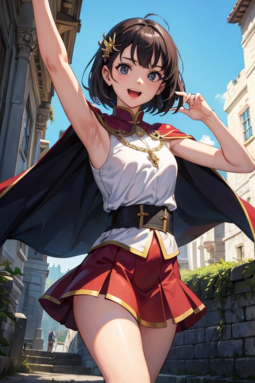 masterpiece, highest quality, Adult women,Very detailed,Ukrainian facial structure,Rin々Nice face,Open Mouth Smile,White, red and purple adventurer uniform,Medieval Europe,Medium Hair,Show your armpits,Black eyes,European facial structure,The dignity of a hero,,Small hair ornament,tattoo,Cape,Legs visible through the skirt,Natural Beauty,Investigating the ruins, which are in a very dilapidated state.,Cinematic,