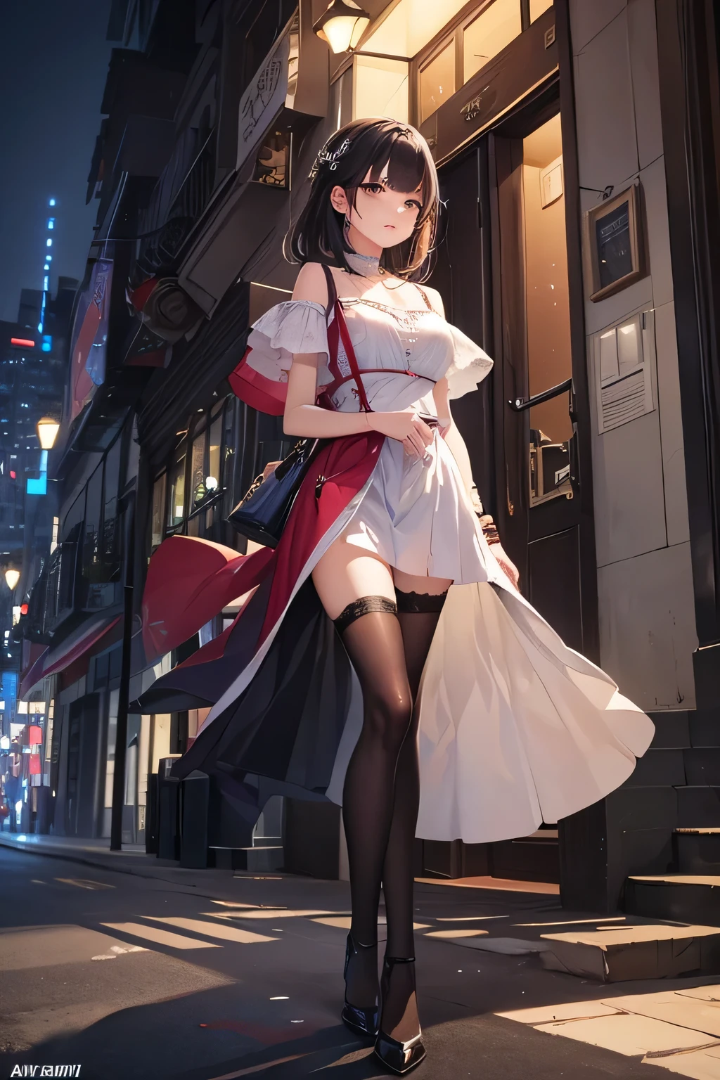 the city that never sleeps、Watercolor Touch、Bleeding、a woman , luminous design, pastel colours, ink drips, spring lights,Artistic,azure, red、realisitic、long legged、full、Feminine、white shirt、a miniskirt、high-heels,extremely delicate face,Realistic lighting and shading, (an extremely delicate and beautiful art)1.3, Elegant,Dramatic shadows、ighly detailed。highquality、hight resolution、raw、超A high resolution、The ultra-detail art、(extremely delicate and beautiful)、ighly detailed、Real Shadows,from below、the city that never sleeps、Watercolor Touch、Bleeding、a woman , luminous design, pastel colors, 