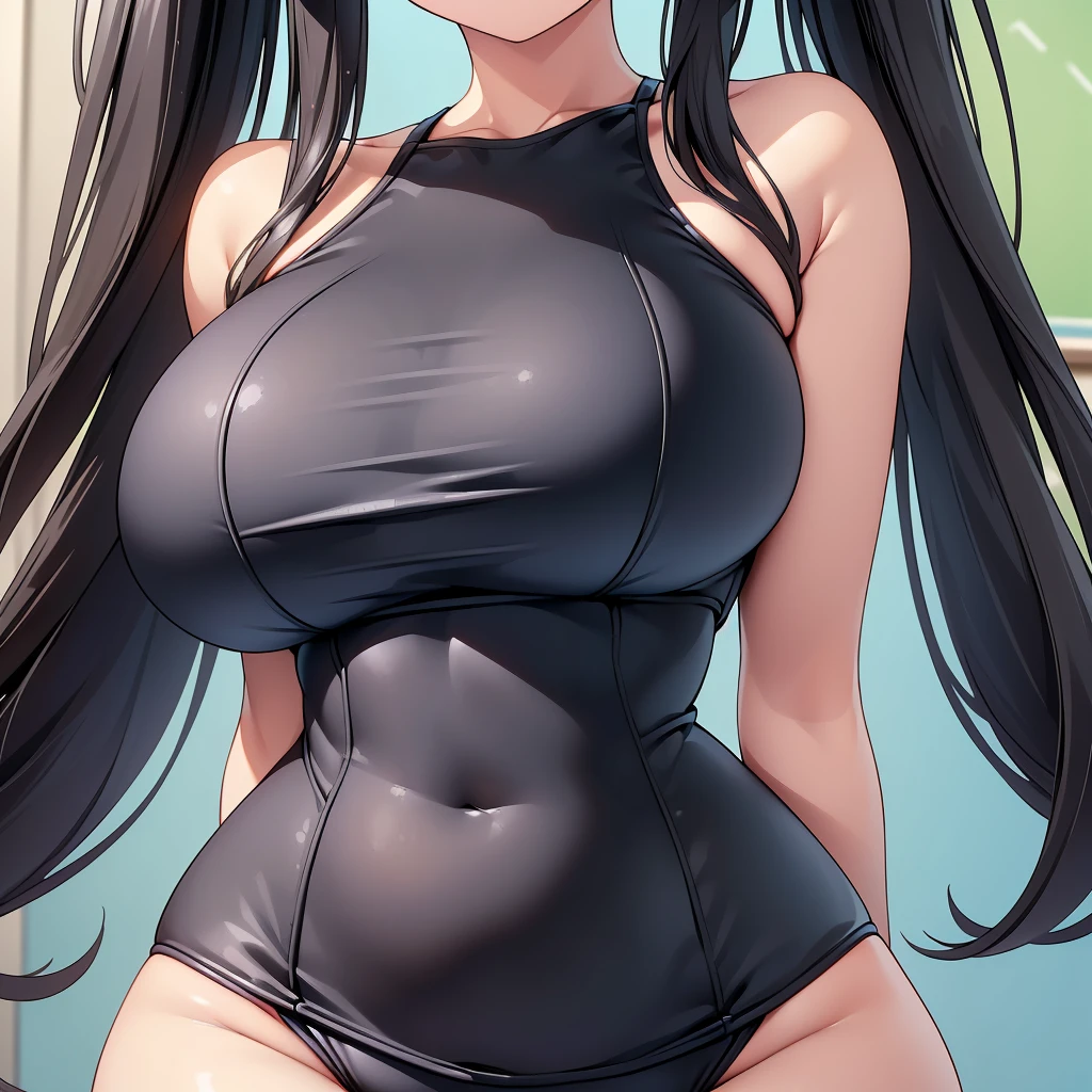 (8K、Best image quality、highest quality、masterpiece)、(girls)、Improve、(Black Hair, long hair)、 (skinny body:1.3),(huge breasts),(one piece swimsuit:1.2), (crop under boob:1.1), Classroom Background,(upper body), (close-up shot of bust:1.4),(from below:1.2)