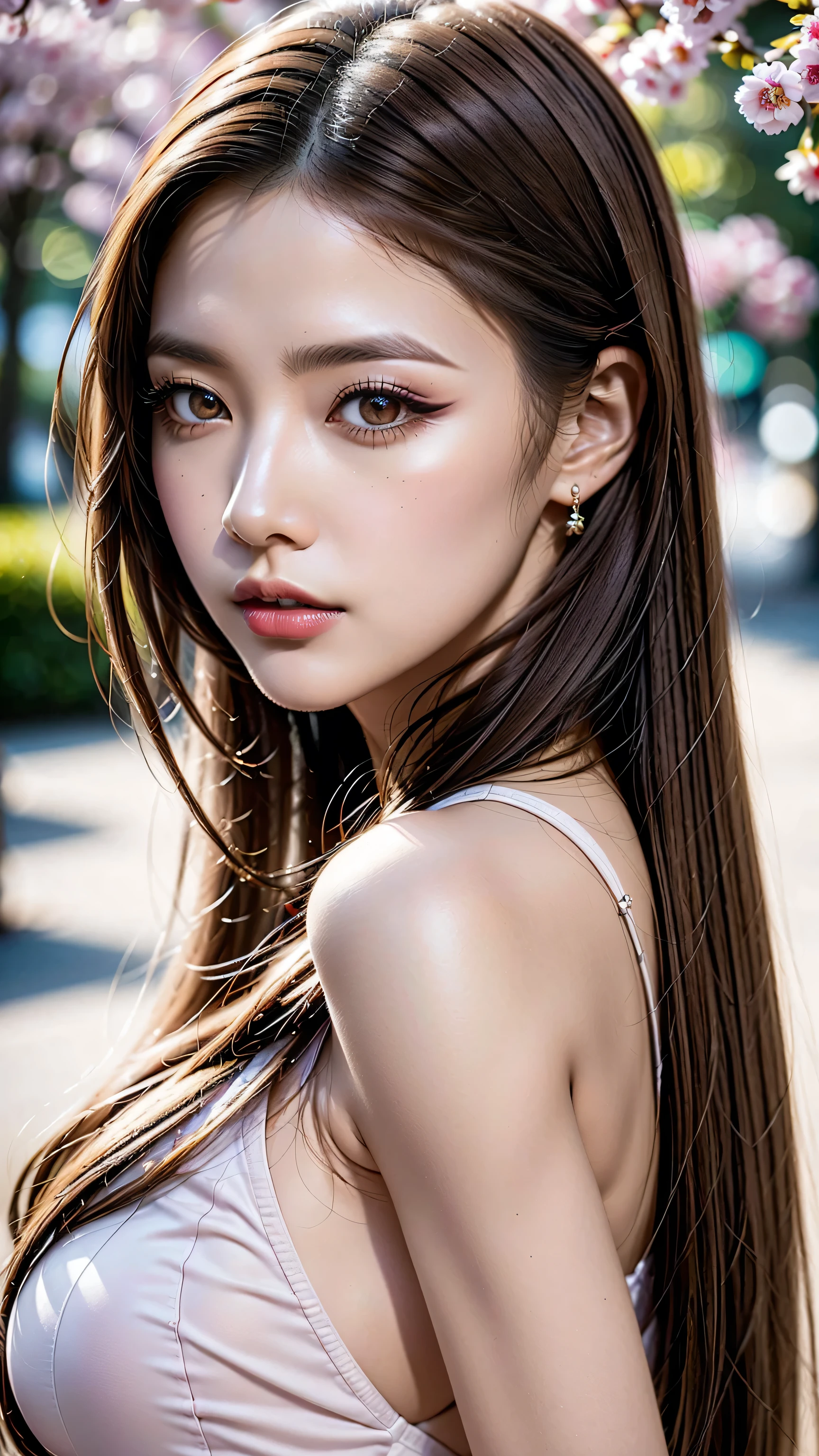 (1girl:1.35, 20-year-old), Realism, highest resolution, photorealistic, (highest quality realistic texture skin), ((highest quality realistic texture brown hair, ((slicked to the side)), incredibly intricate detail:1.35)), (outside,an orchard of blooming cherry trees:1.3),((perfect proportions)), ((anatomically correct), very small round head:1.4), ((firm and full breasts:1.3)),(the most absurd quality perfect eyes), ((beautiful sharp-face), extremely detail:1.3), (light pale complexion), ((clear no blur and sharp perfect round realistic brown_eyes:1.35), super detail:1.4), finely detailed pupils, detail lips:1.3, (long_blue_eyeliner:1.35), (pink_lipstick:1.4), ((perfect lightning_eyeshadows:1.25)), (Detailed nose:1.2), (Upper body shot), ((highly elaborate extravagant microscopic street outfit:1.15)), close up of her face, exquisite balance of shadows,perfect composition, ((look at the viewer)), Hasselblad, 85mm f/4.0