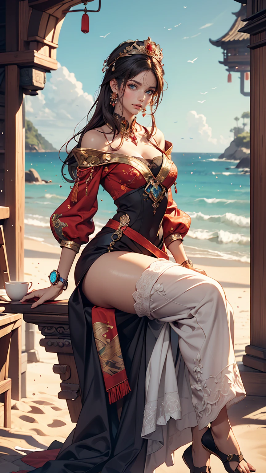 There is a woman sitting on the beach holding a watch, Queen of the Sea Mu Yanling, Beautiful digital art, Highly detailed digital art in 4K, Beautiful Fantasy Empress, 8K high quality, detailed art, Fantasy Beautiful, by ヤン・J, Beautiful and gorgeous digital art, Gweitz, artwork in the style of Gweitz, Beautiful fantasy art, Chinese Fantasy