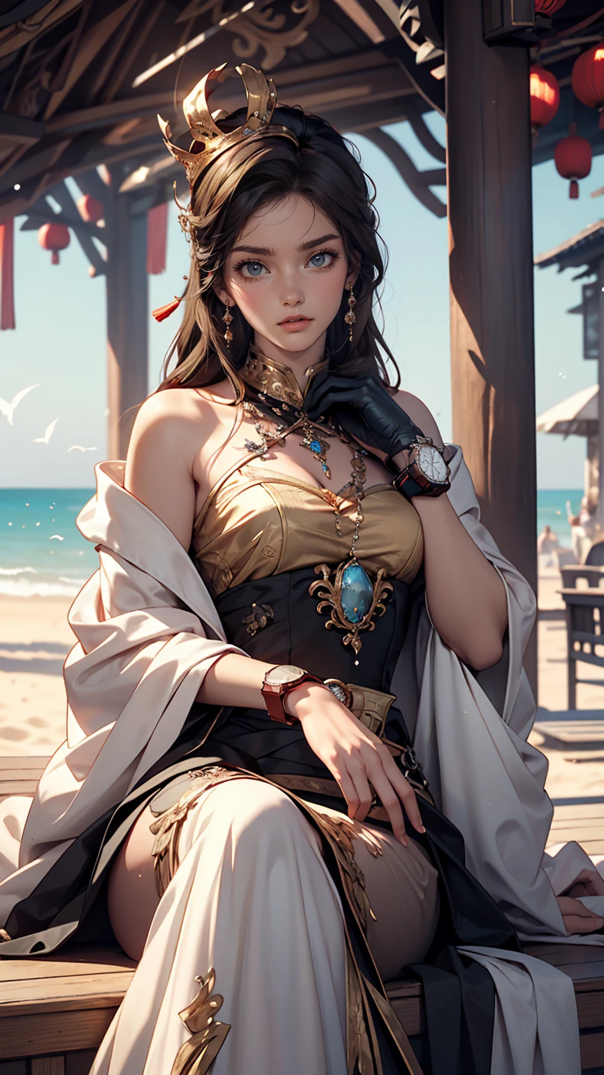 There is a woman sitting on the beach holding a watch, Queen of the Sea Mu Yanling, Beautiful digital art, Highly detailed digital art in 4K, Beautiful Fantasy Empress, 8K high quality, detailed art, Fantasy Beautiful, by ヤン・J, Beautiful and gorgeous digital art, Gweitz, artwork in the style of Gweitz, Beautiful fantasy art, Chinese Fantasy