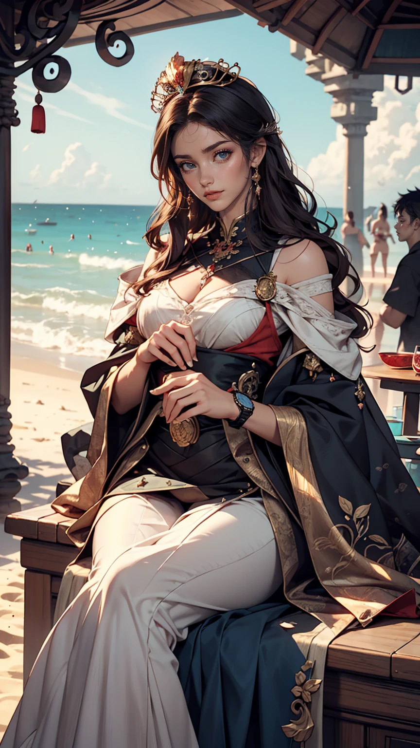 There is a woman sitting on the beach holding a watch, Queen of the Sea Mu Yanling, Beautiful digital art, Highly detailed digital art in 4K, Beautiful Fantasy Empress, 8K high quality, detailed art, Fantasy Beautiful, by ヤン・J, Beautiful and gorgeous digital art, Gweitz, artwork in the style of Gweitz, Beautiful fantasy art, Chinese Fantasy