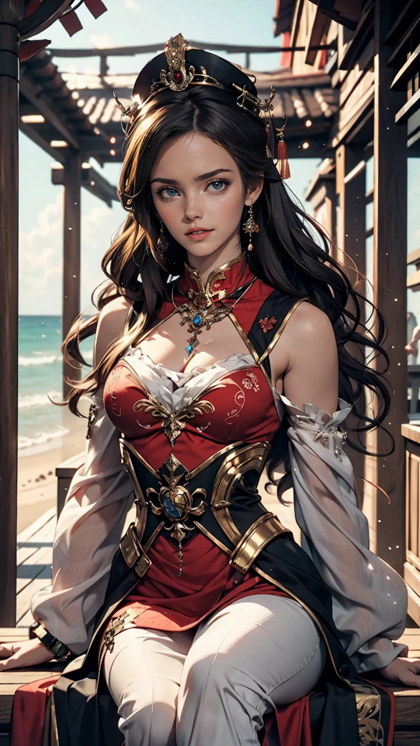 There is a woman sitting on the beach holding a watch, Queen of the Sea Mu Yanling, Beautiful digital art, Highly detailed digital art in 4K, Beautiful Fantasy Empress, 8K high quality, detailed art, Fantasy Beautiful, by ヤン・J, Beautiful and gorgeous digital art, Gweitz, artwork in the style of Gweitz, Beautiful fantasy art, Chinese Fantasy