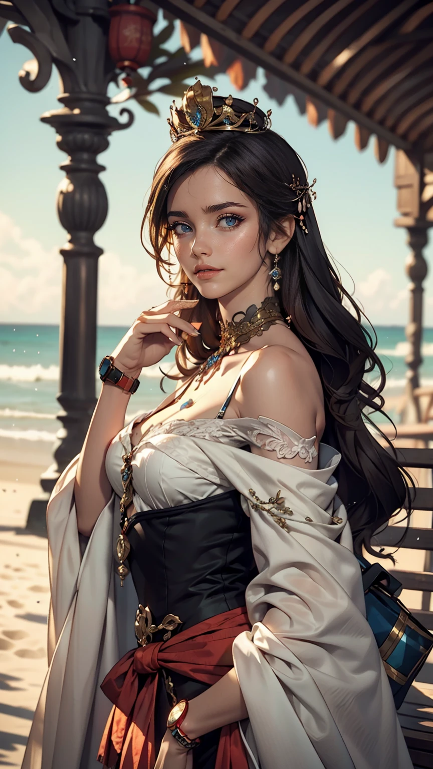 There is a woman sitting on the beach holding a watch, Queen of the Sea Mu Yanling, Beautiful digital art, Highly detailed digital art in 4K, Beautiful Fantasy Empress, 8K high quality, detailed art, Fantasy Beautiful, by ヤン・J, Beautiful and gorgeous digital art, Gweitz, artwork in the style of Gweitz, Beautiful fantasy art, Chinese Fantasy