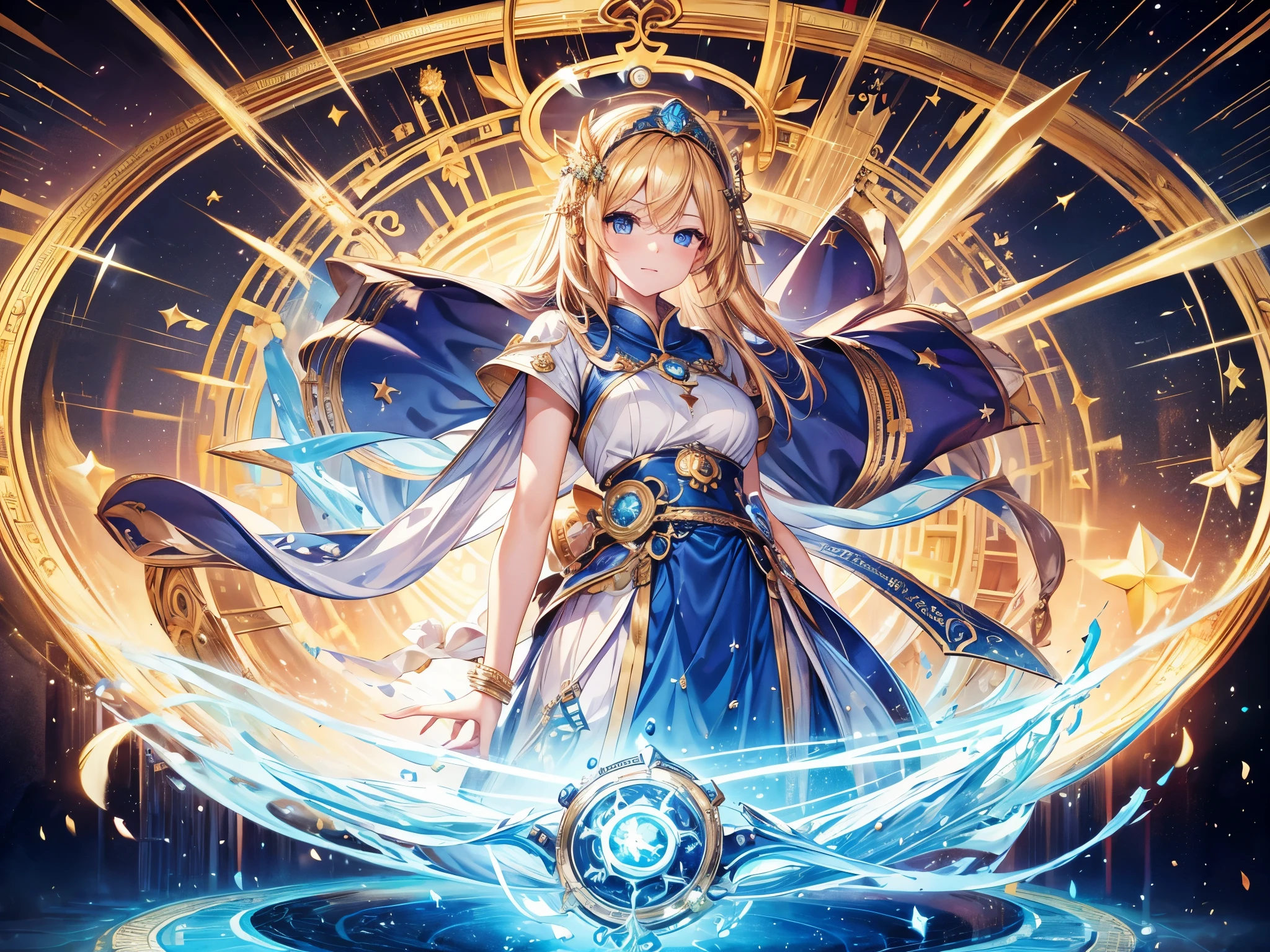 masterpiece, best quality, Ultra Detailed, fair, 1 woman, Spokesperson goddess, time之神, Chronos, eternity, mystery, ancient times, time, magic, Holy Light, star系, star塵, Face yarn, magic陣, long skirt, star