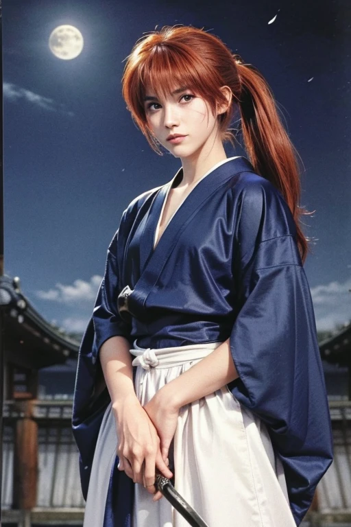 RAW Photos, ((((Extreme beauty portrait))), high quality、masterpiece、Familiar、Normal body）Beautiful Girl Swordsman（（Beautiful girl with a Japanese sword in her right hand:1.4、red ponytail), Wearing a mysterious black robe、Wearing a white skirt:1.2、moonlight、Crescent moon emblem on forehead、I have a Japan sword:1.5、Sword Drawing Technique、Not Available、Hiten Mitsword Style Secret Technique Tensho Ryusen、Pulling out the Japan sword、Feminization, (cross wound on left cheek:1.1),