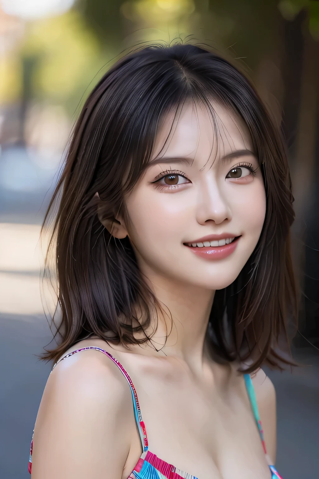 (8k, RAW Photos, highest quality, masterpiece, Realistic, Realistic), (1 female), (Ultimate beauty), Highly detailed face, (Perfect Teeth), Beautiful Eyes, double eyelid, eyelash, smile, Lip details, (Neat brunette bob), The light shines on your face, Big Breasts, ((Colorful mini dresses)), (Front view), (background: none),  Background blur